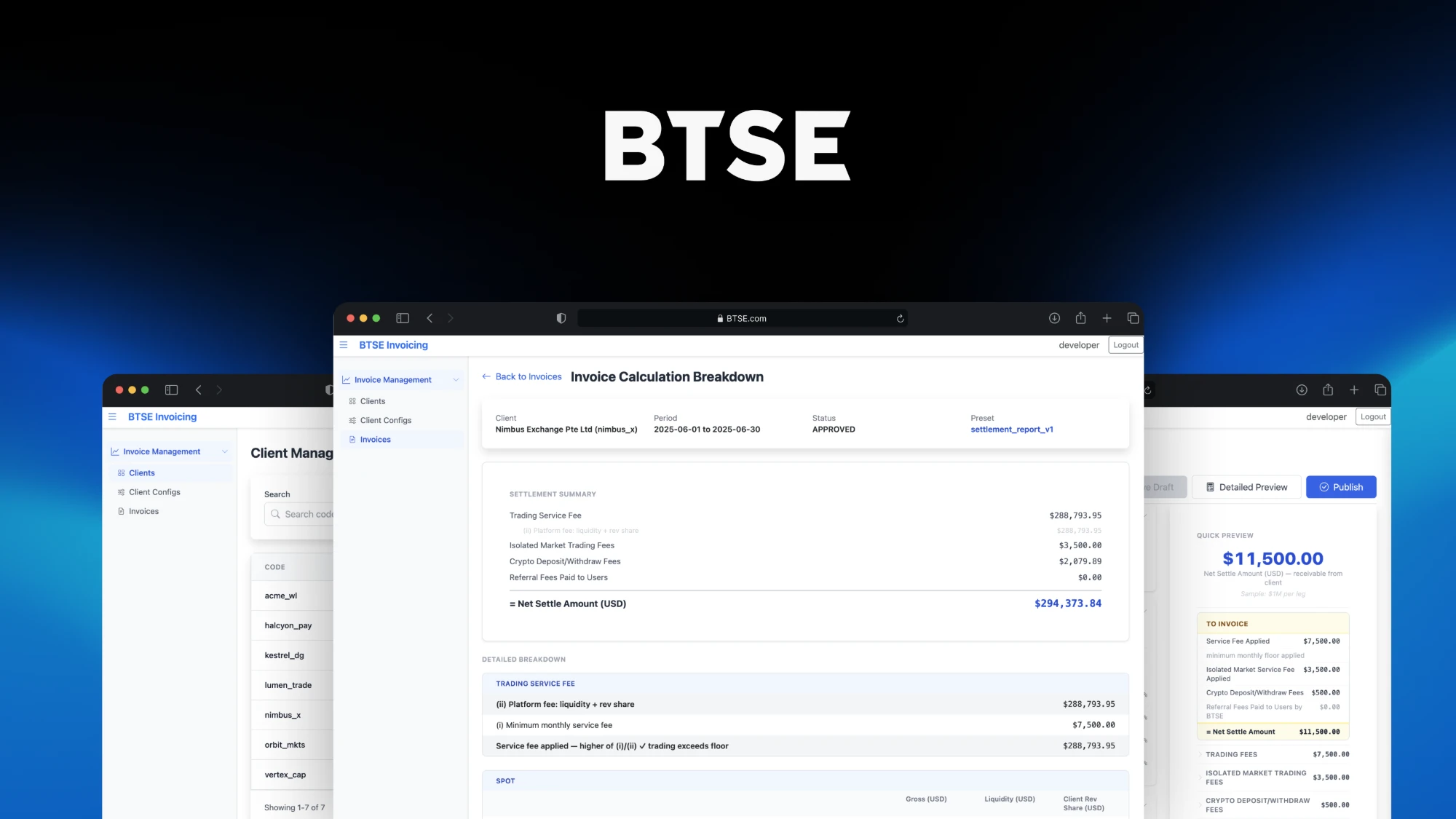 BTSE Invoicing — client list, invoice calculation breakdown and settlement summary