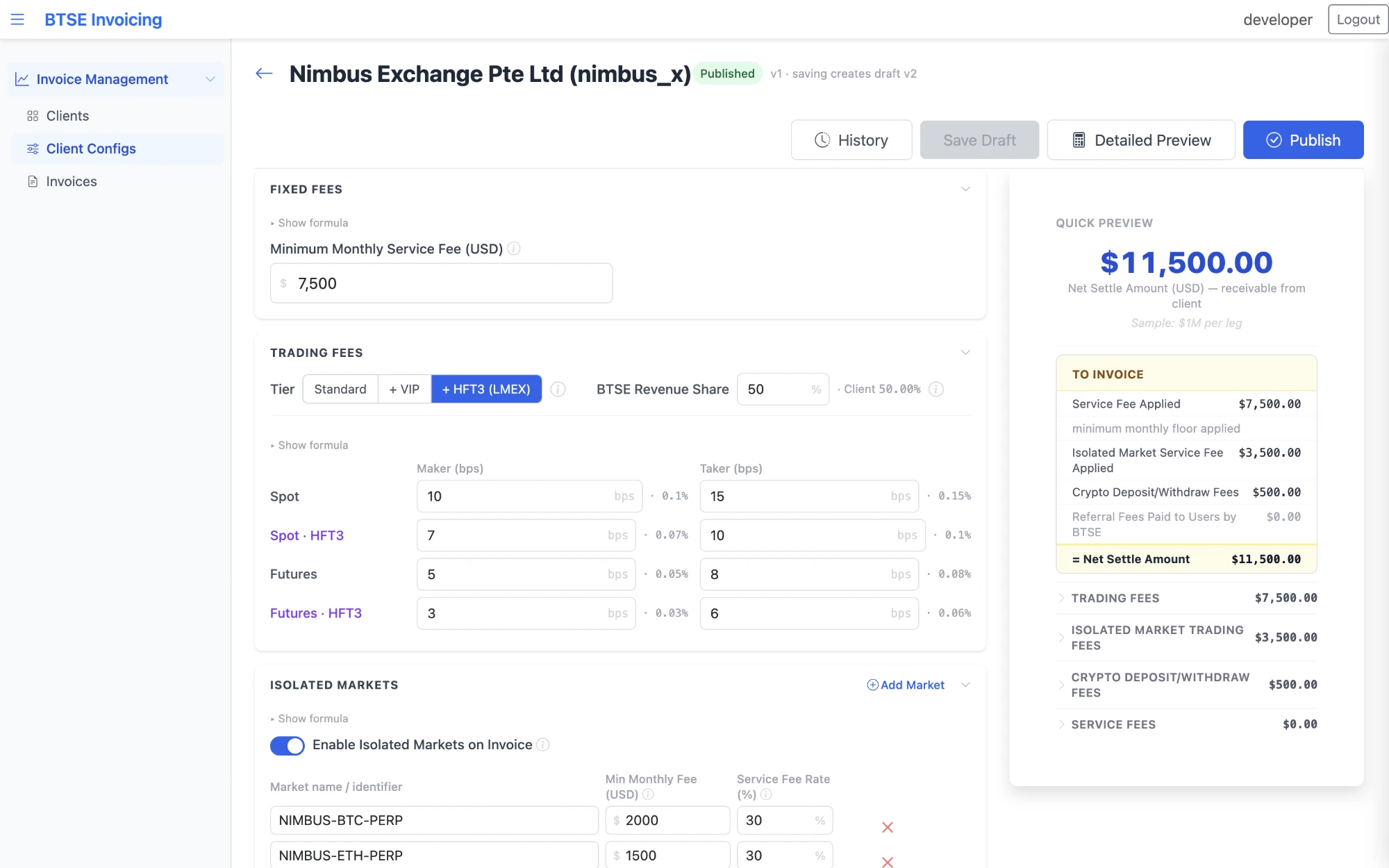 Client config for Nimbus Exchange — fixed fees, maker/taker tiers, isolated markets, and a quick preview of the net settle amount