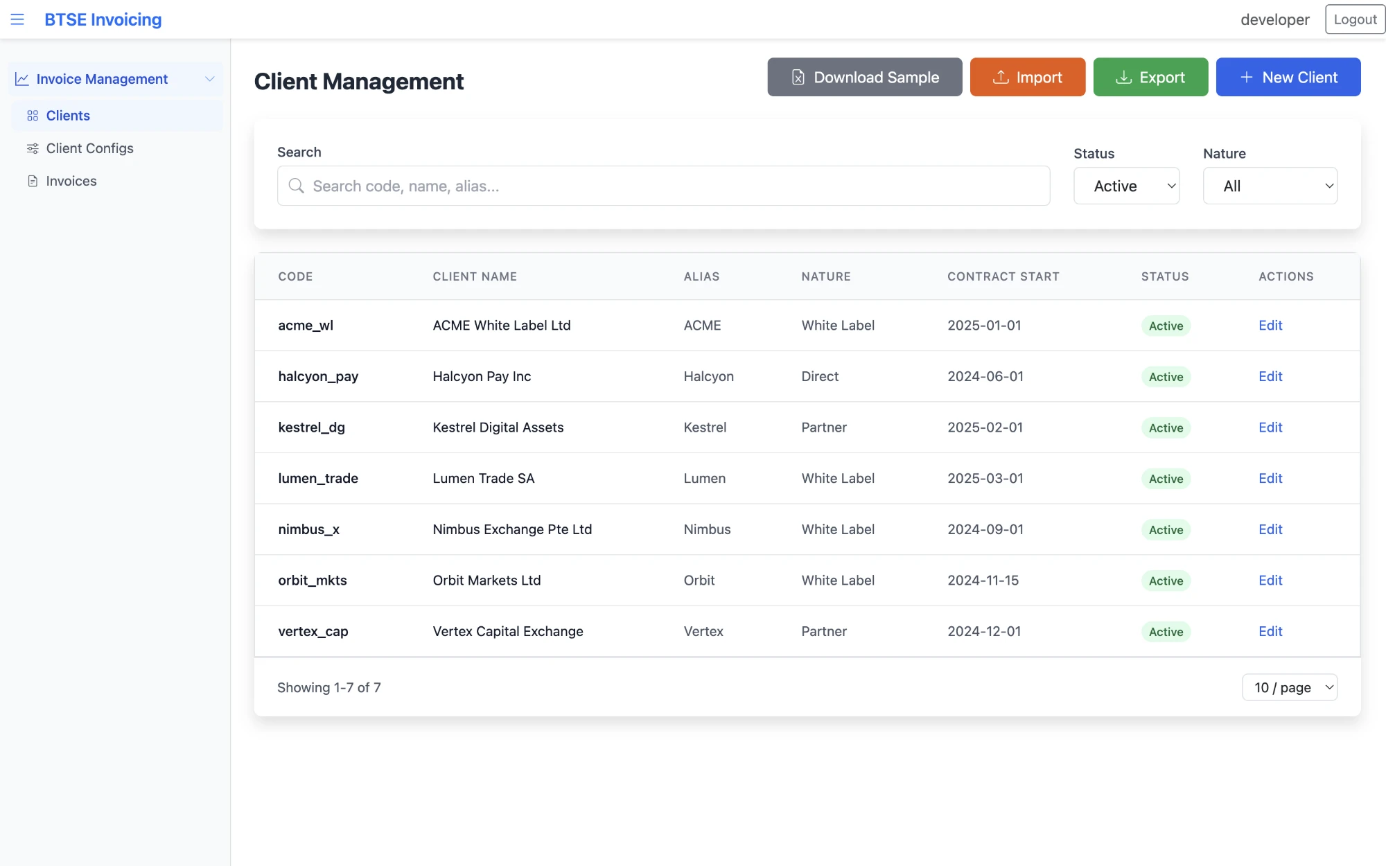 Client management — searchable list of clients with code, alias, nature, contract start and status
