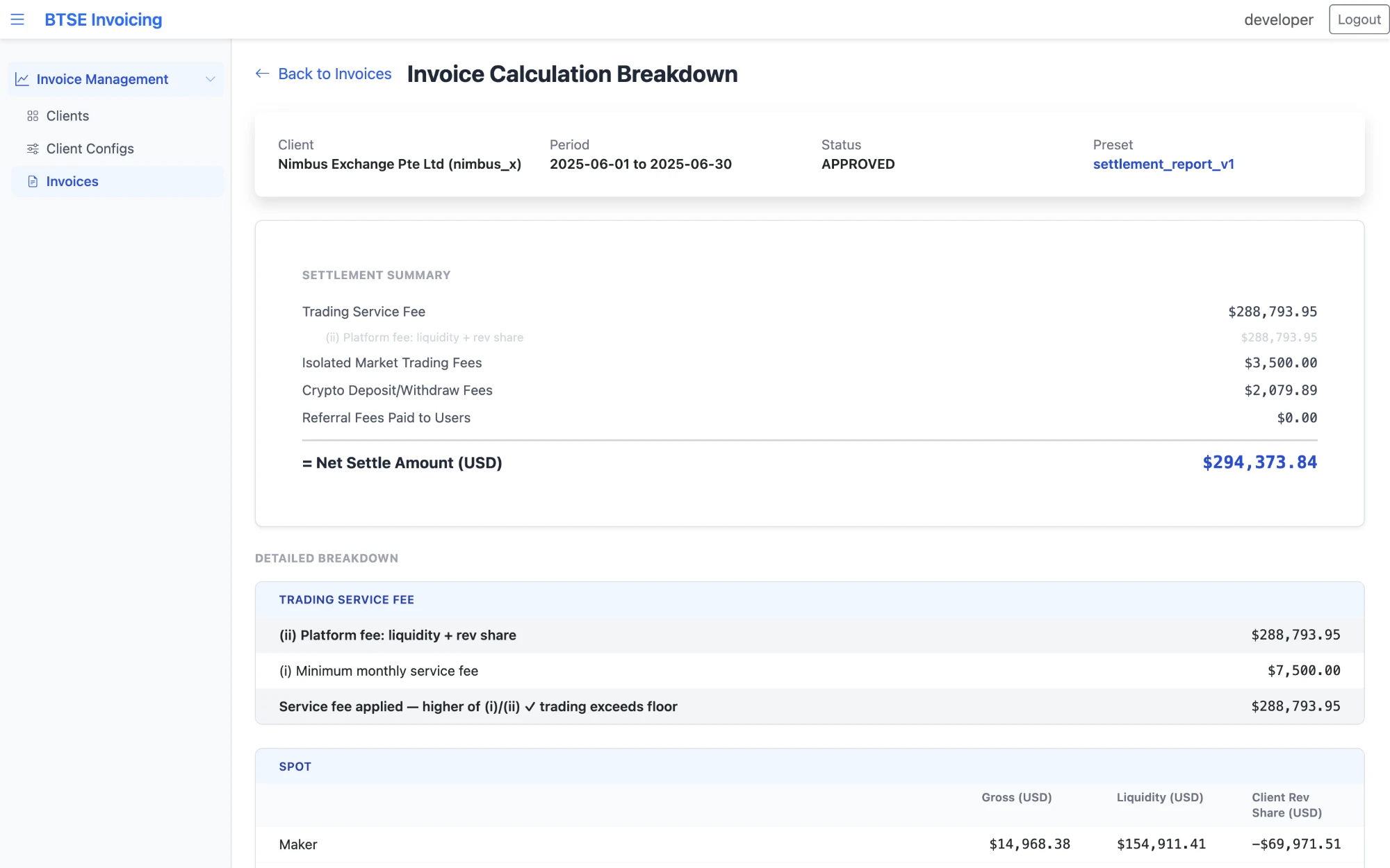 Invoice calculation breakdown — settlement summary and the detailed trading service fee working