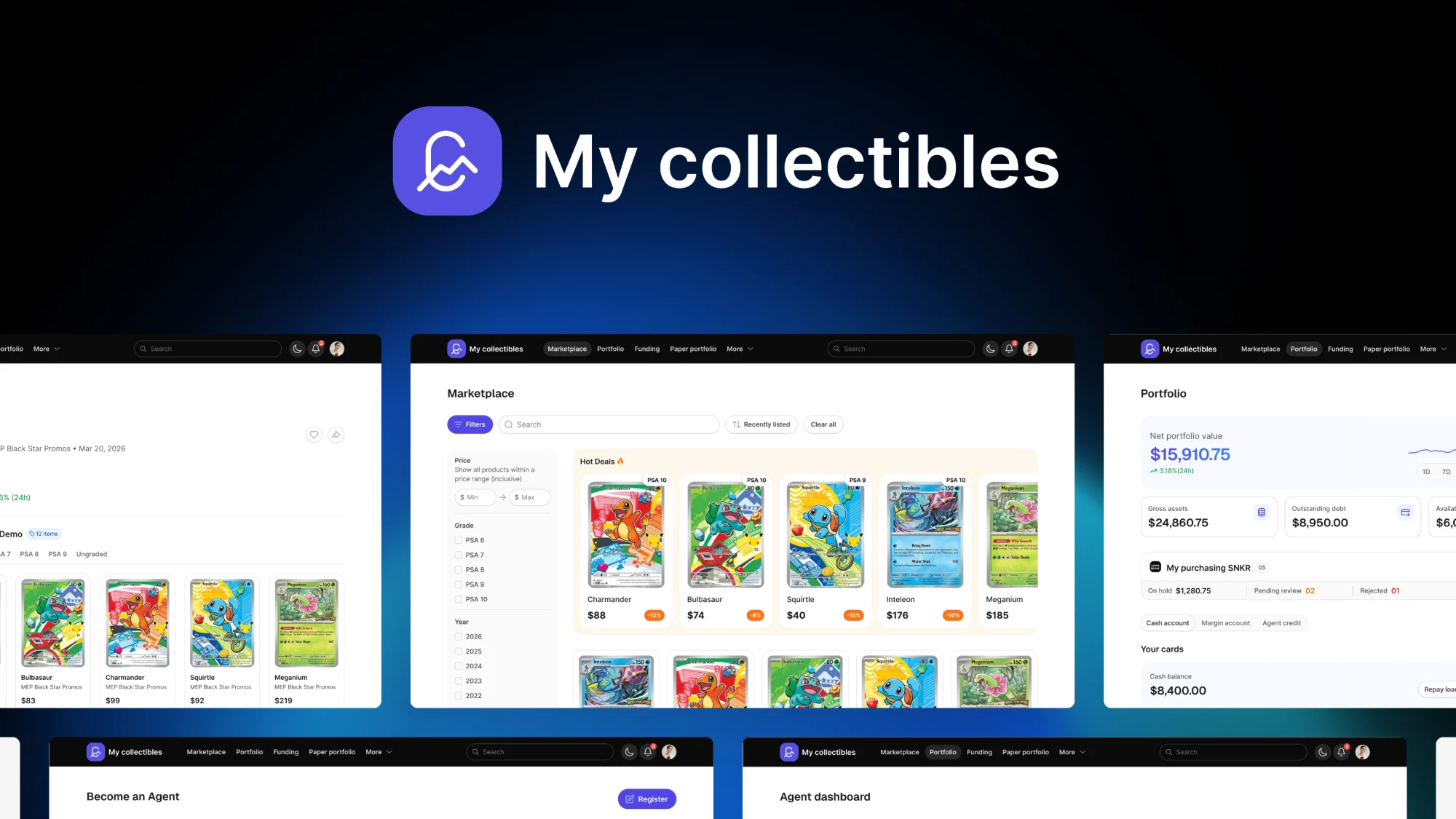 My collectibles — graded-card marketplace with price and grade filters, a portfolio valuation, and the agent dashboard