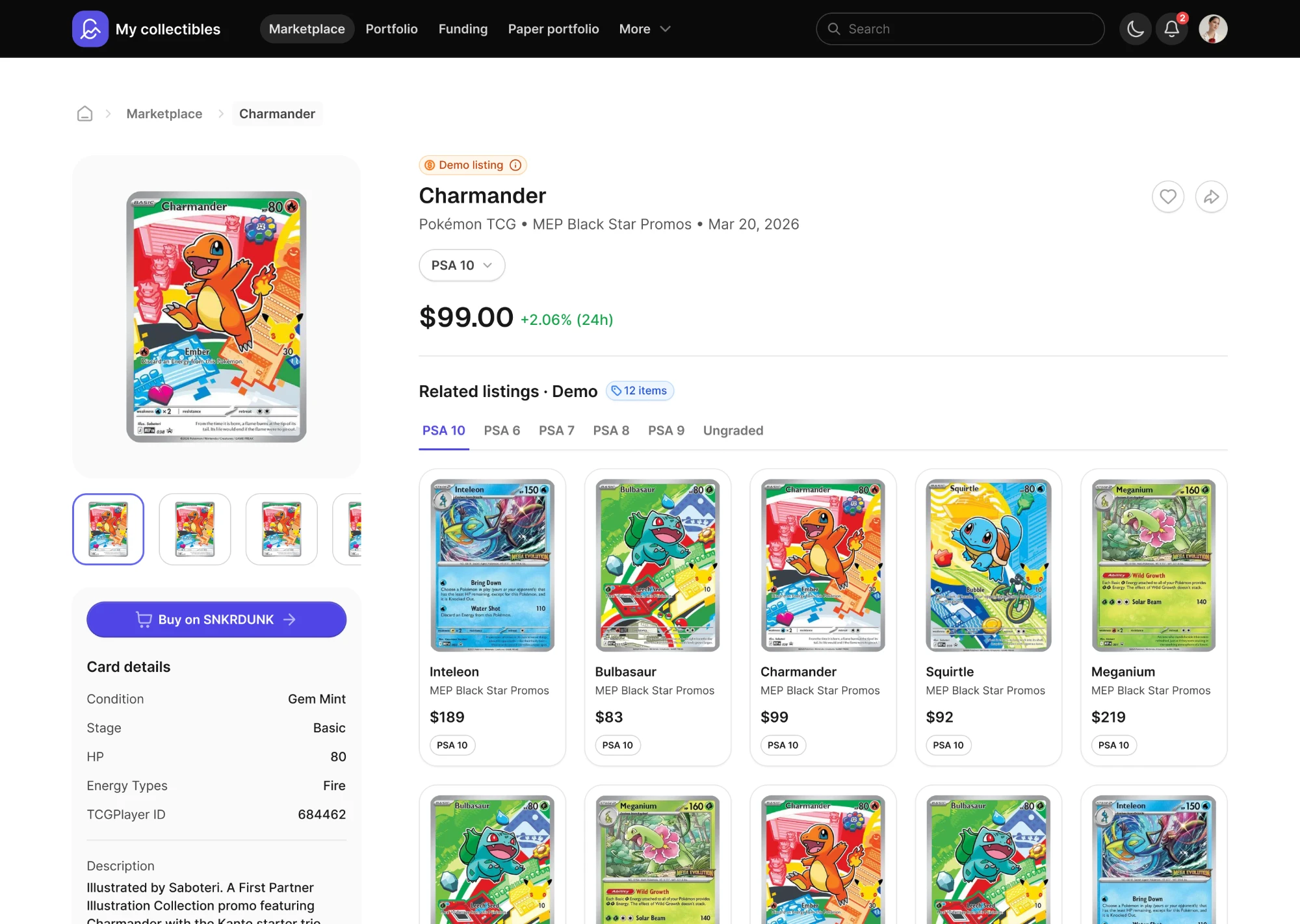 Listing page — a graded card with its details, price history and related listings by grade