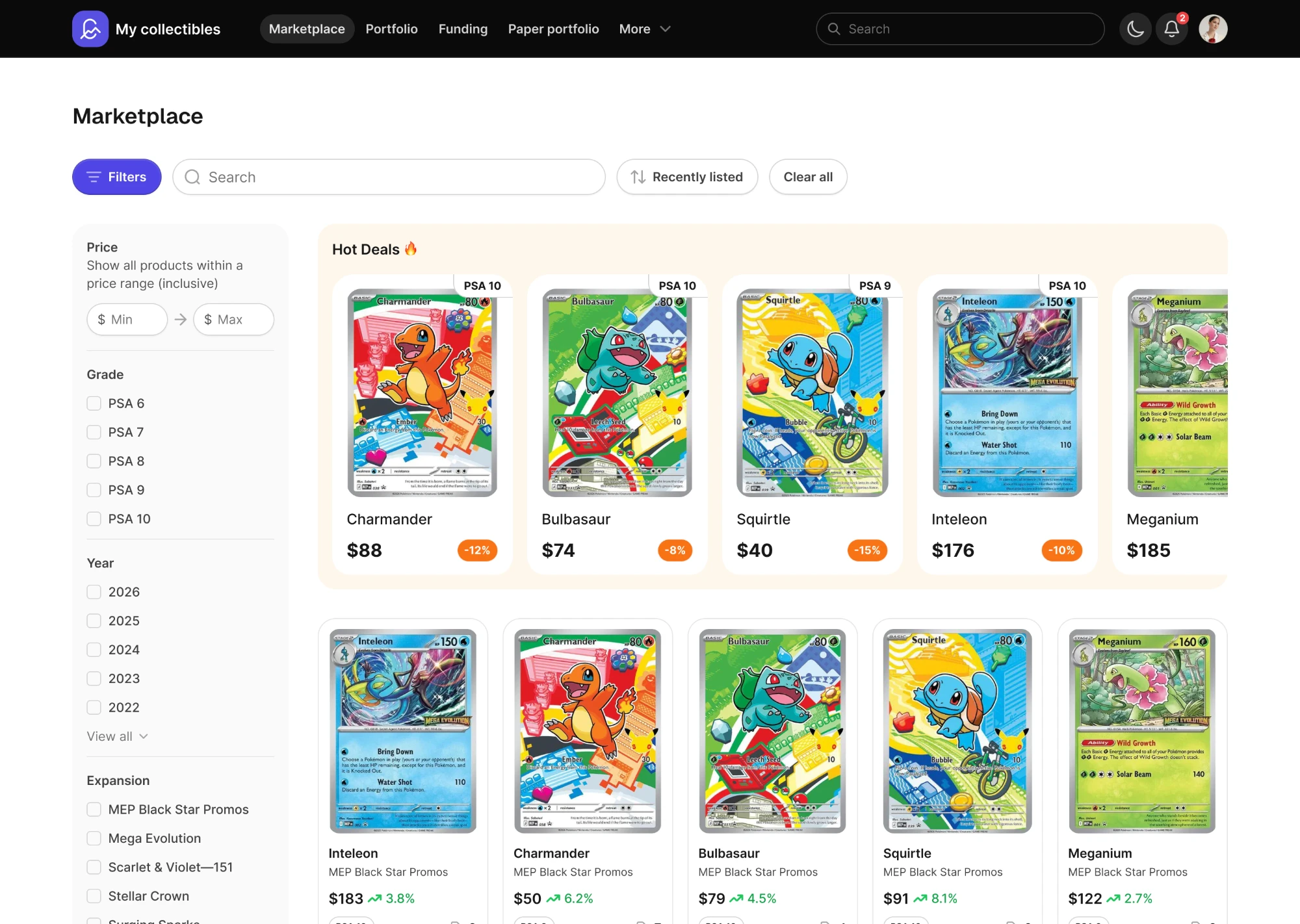 Marketplace — hot deals above the full listing grid, with price, grade, year and expansion filters down the side
