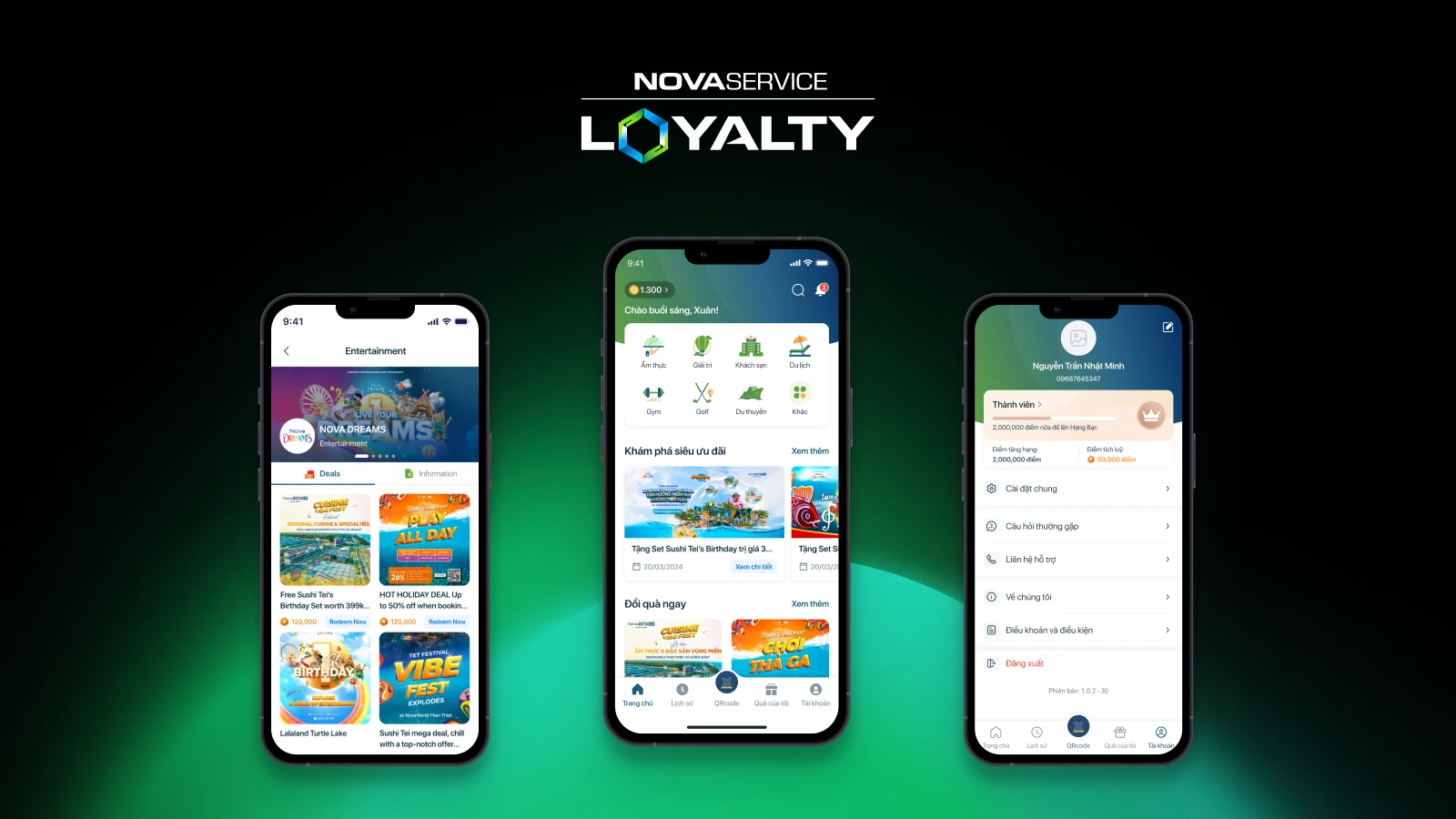 NovaService Loyalty app — entertainment deals, home, and account screens