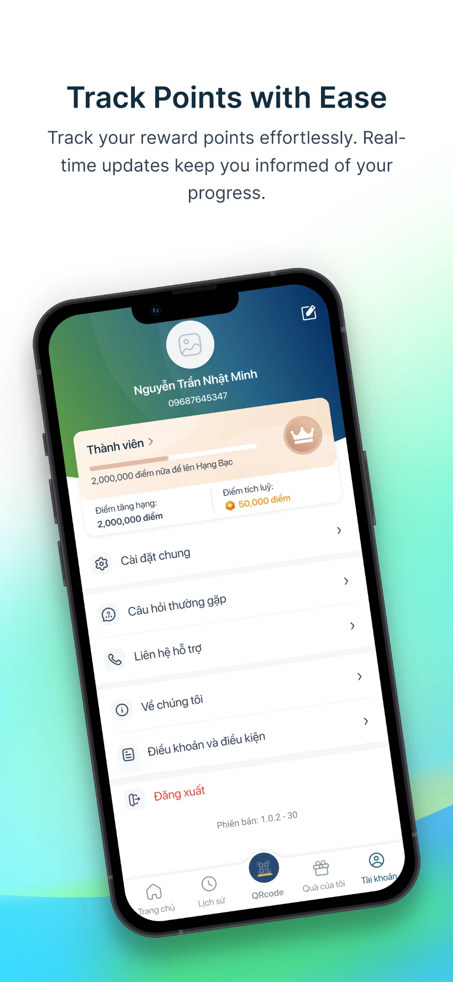 Account — membership tier with points to the next rank, above settings, FAQ and support