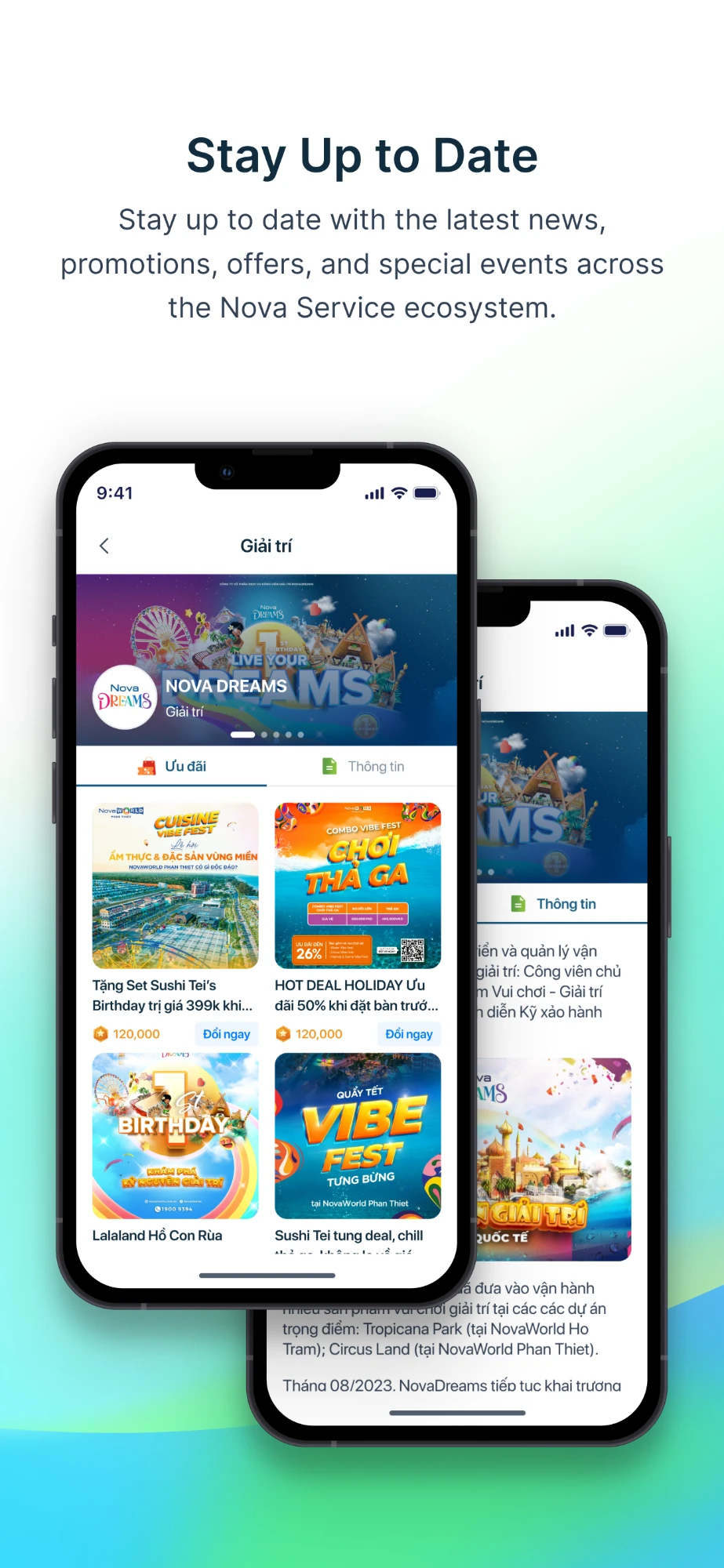 Entertainment brand page — Nova Dreams with its offers tab and the information tab behind it