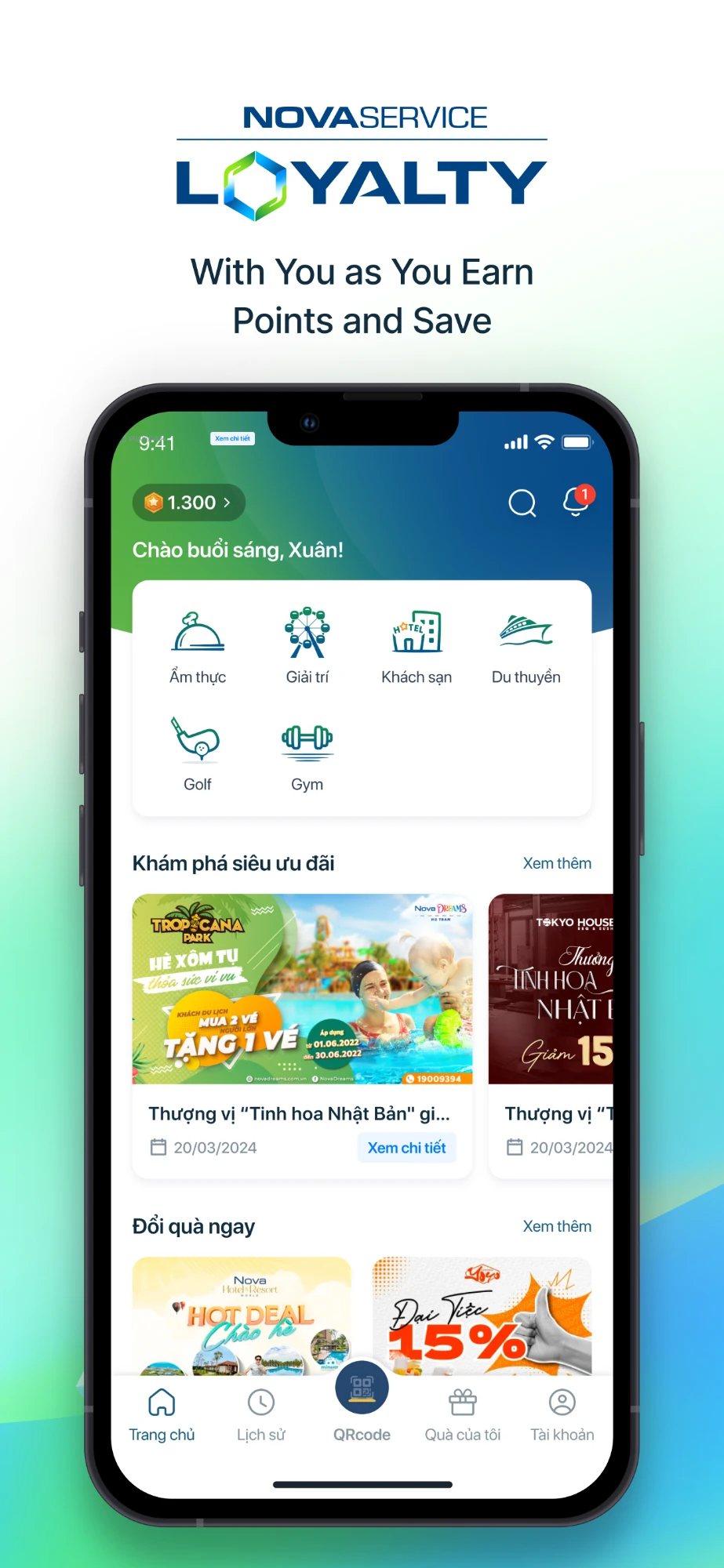 App home — points balance, the six service categories, and the offers and rewards rails below them