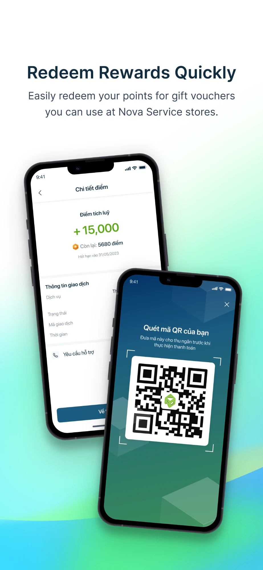 Redemption — points detail with its transaction record, and the QR code a cashier scans