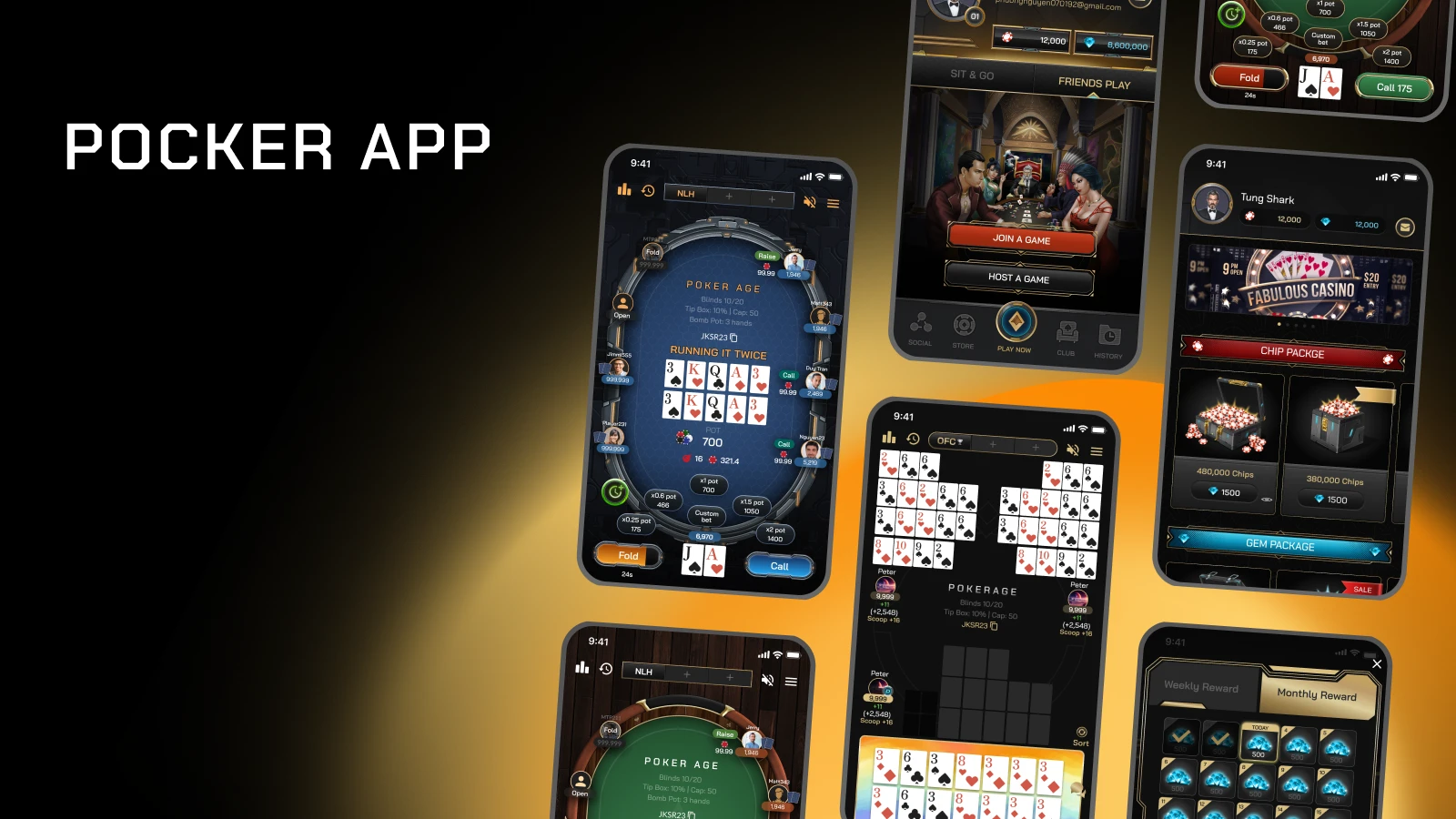Poker app — NLH and OFC tables, the lobby with sit-and-go and friends play, the chip store and the reward calendar
