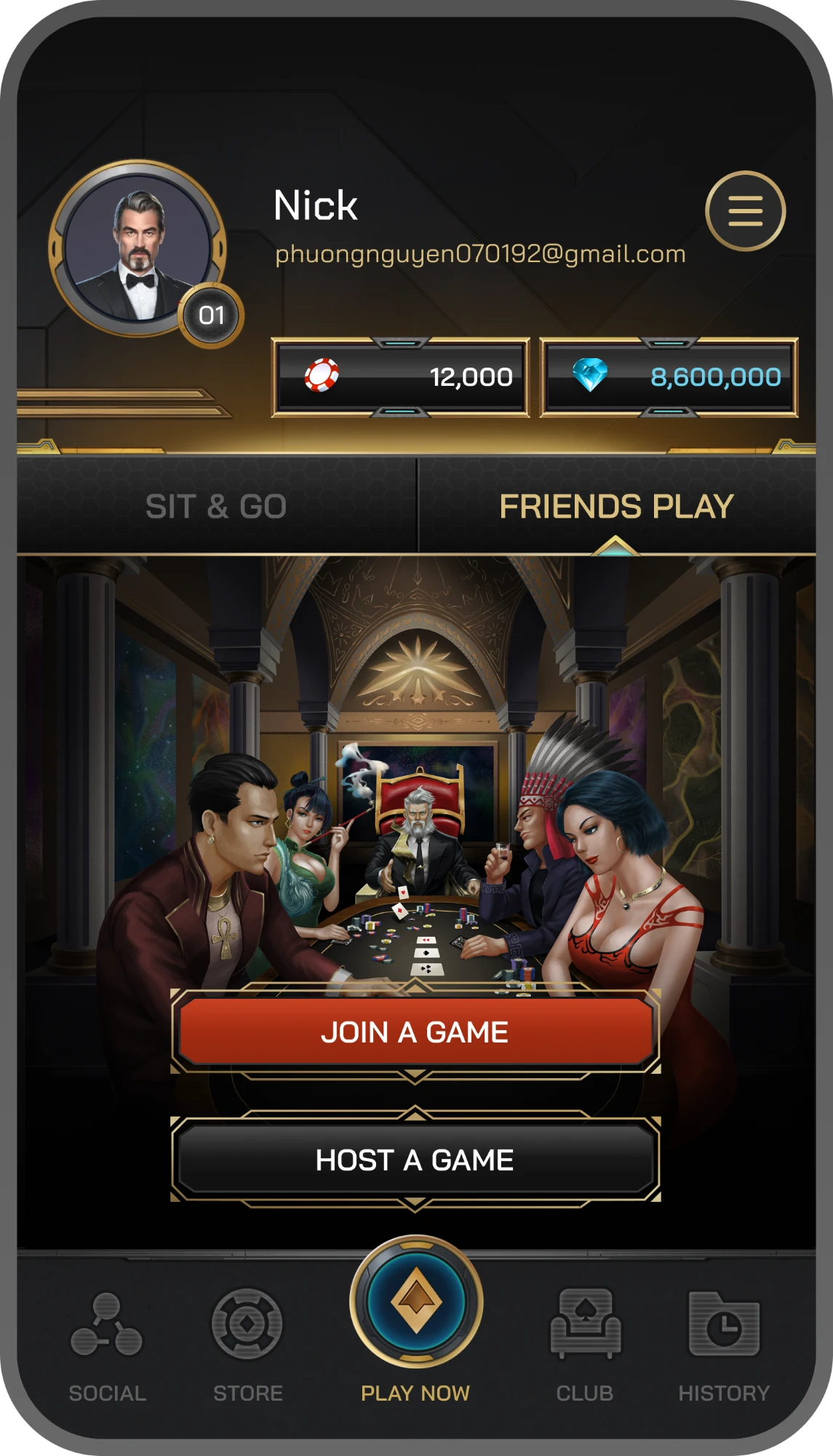 Lobby — sit-and-go and friends play, with join and host as the two ways in