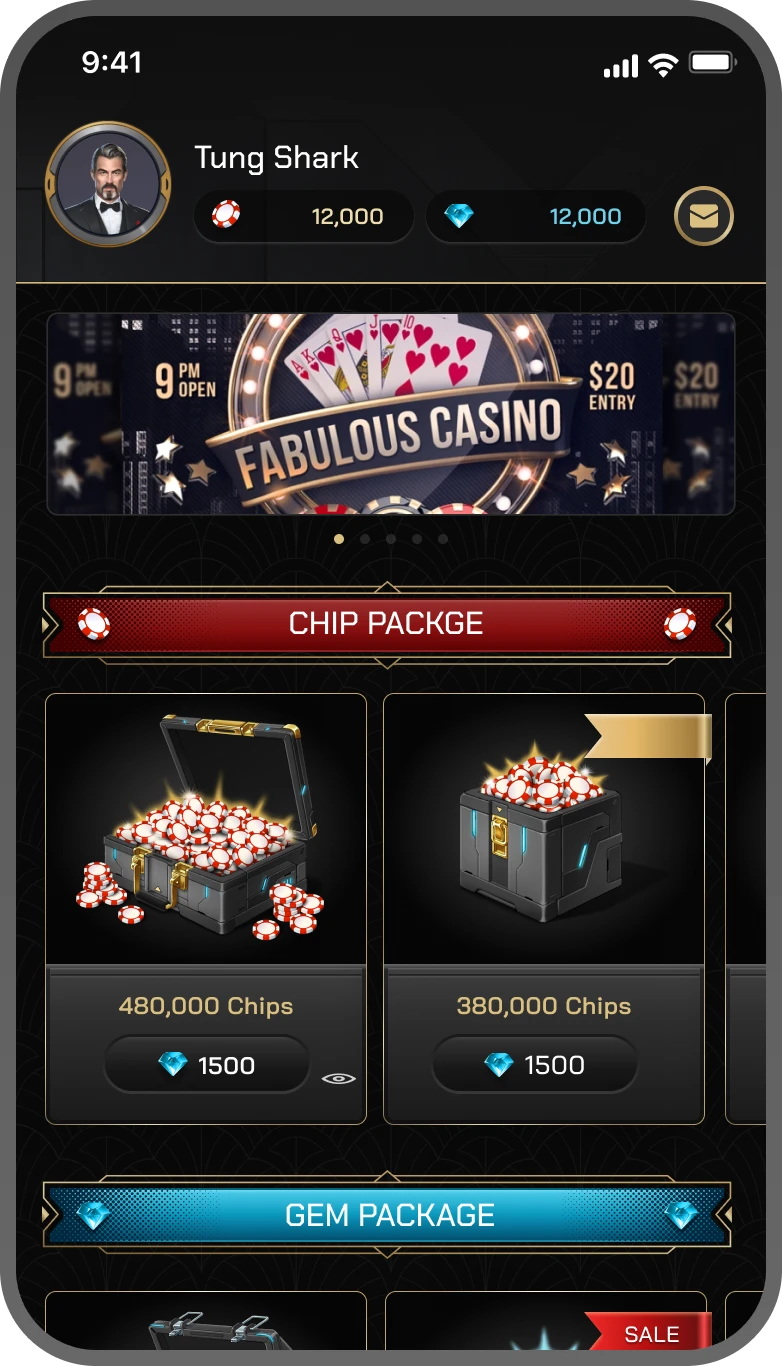 Store — chip and gem packages under a promoted casino event