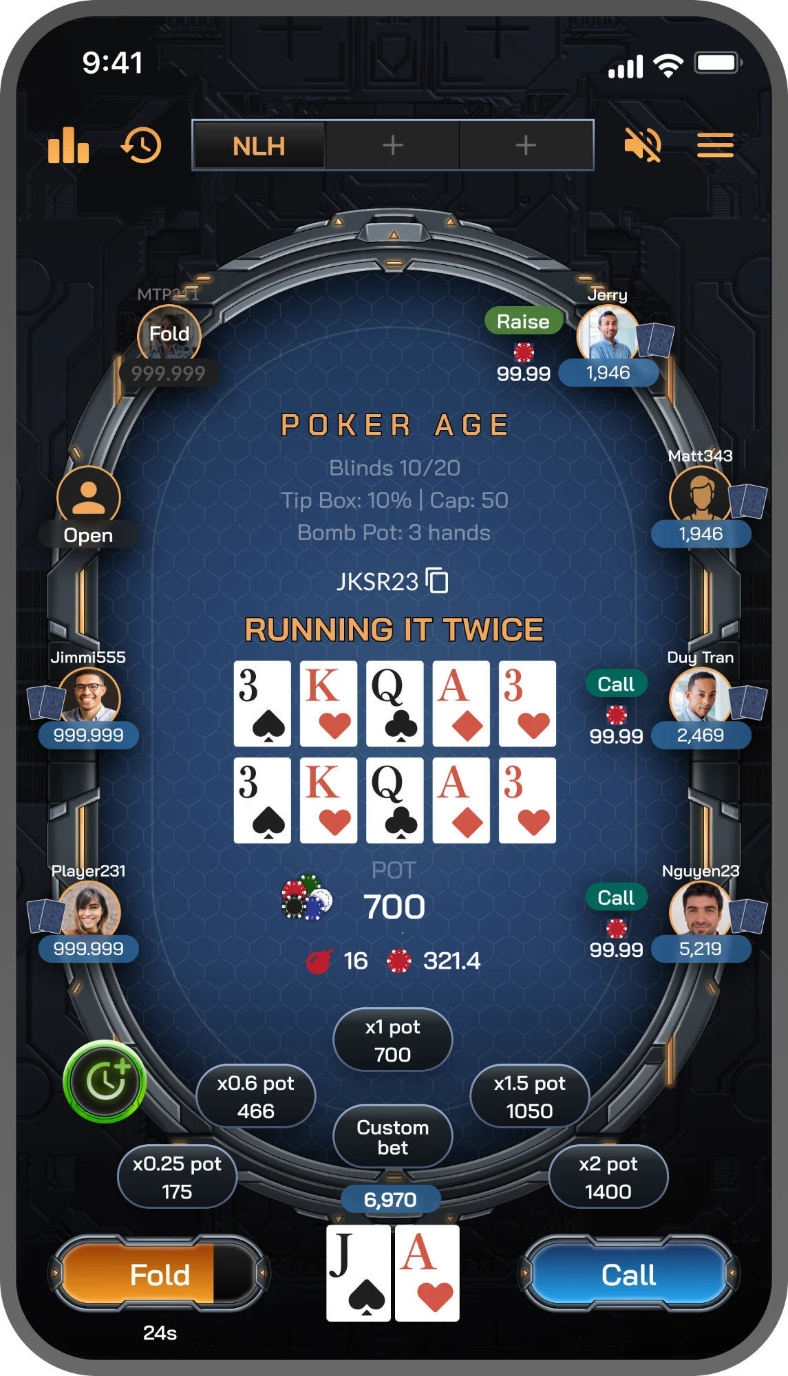 No-limit hold'em table running it twice, with pot-fraction bet sizing under the board