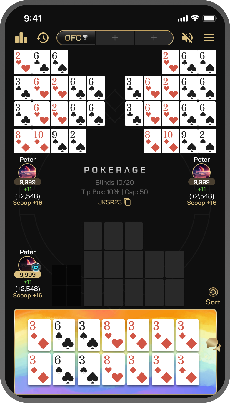 Open-face Chinese table — both players’ rows set, with the hand to sort along the bottom