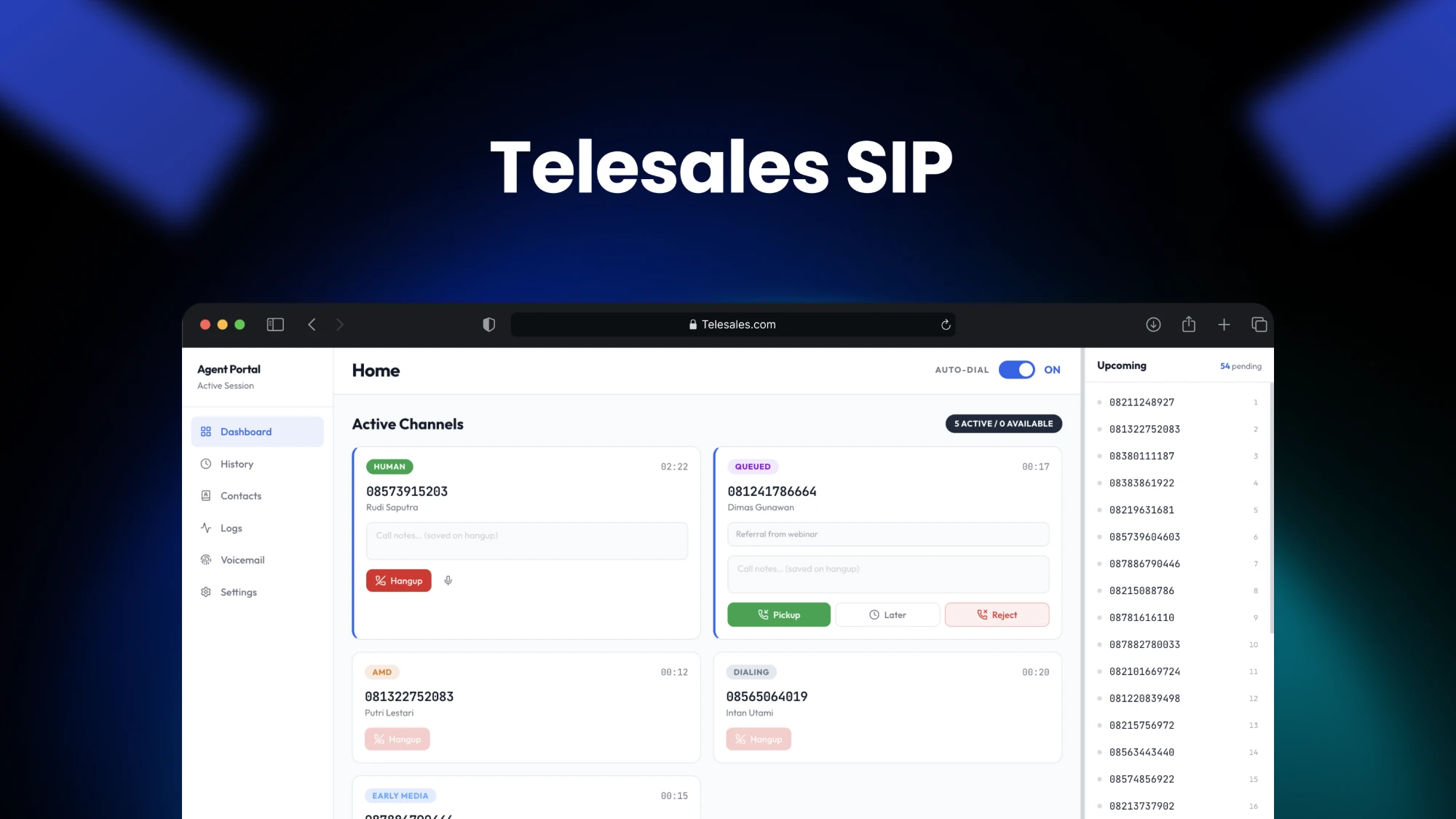 Telesales SIP agent portal — active call channels with auto-dial on and an upcoming queue of pending numbers