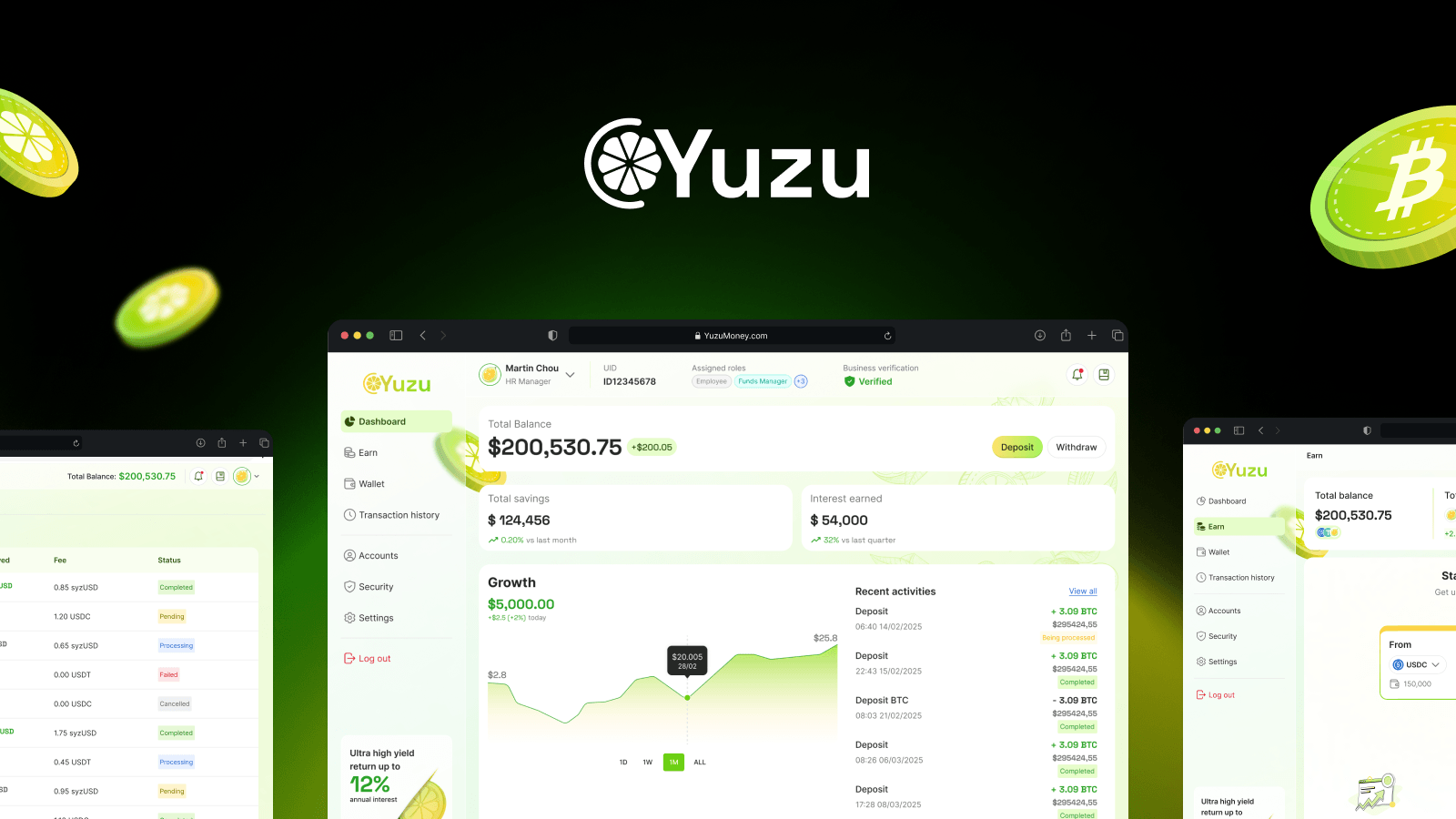 Yuzu Money — dashboard with total balance, savings and growth chart beside the transaction history and syzUSD metrics screens