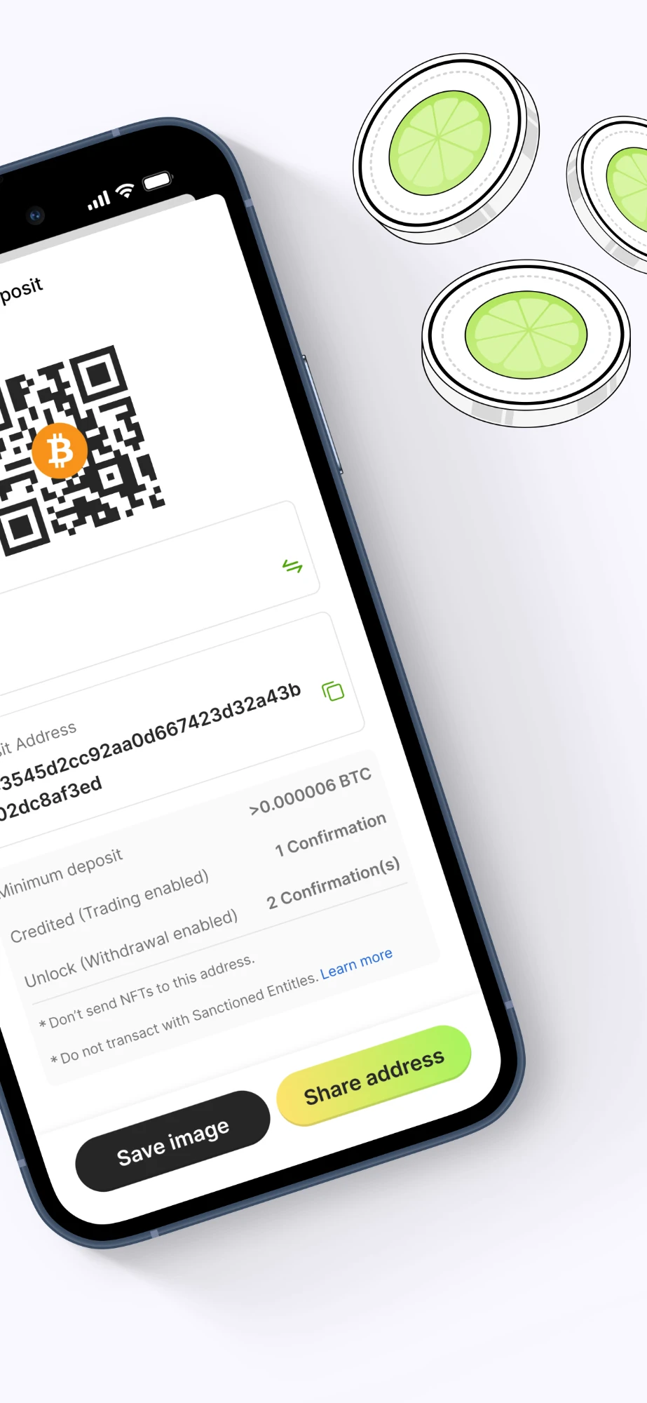 Deposit address — Bitcoin QR code with the address, minimum deposit and confirmation thresholds