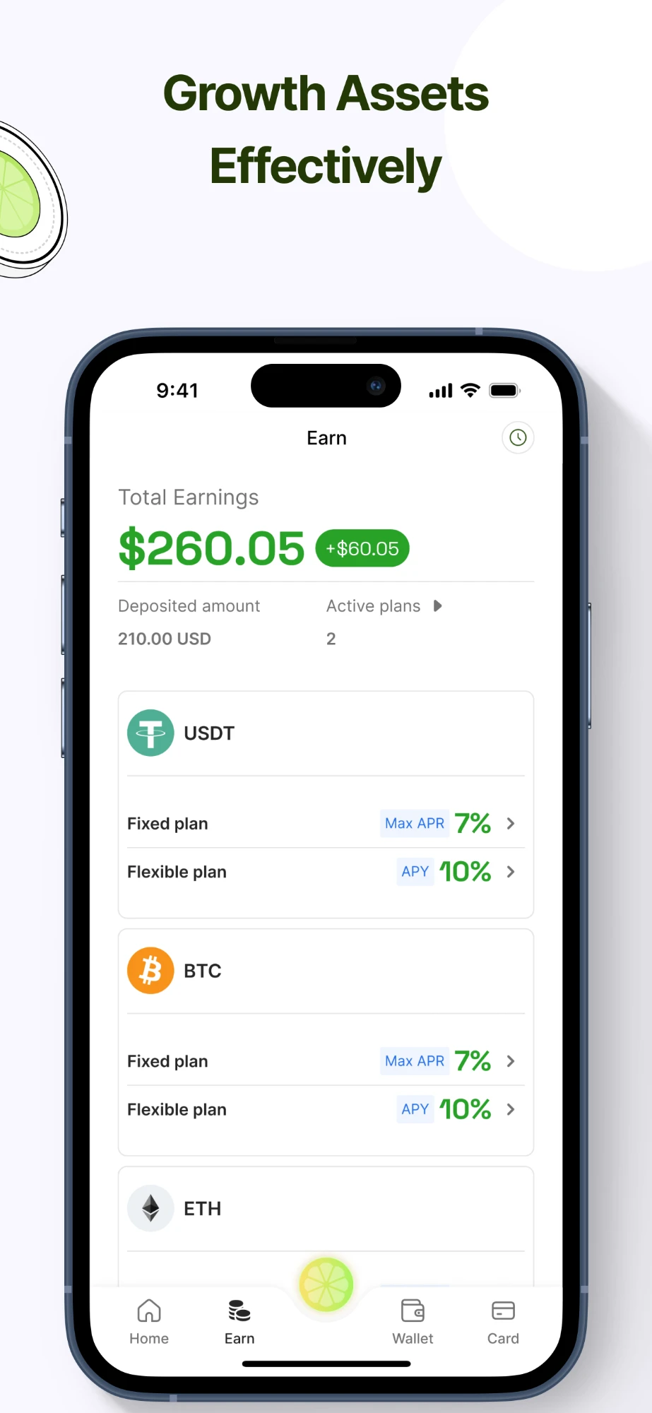 Earn — total earnings over fixed and flexible plans for USDT, BTC and ETH