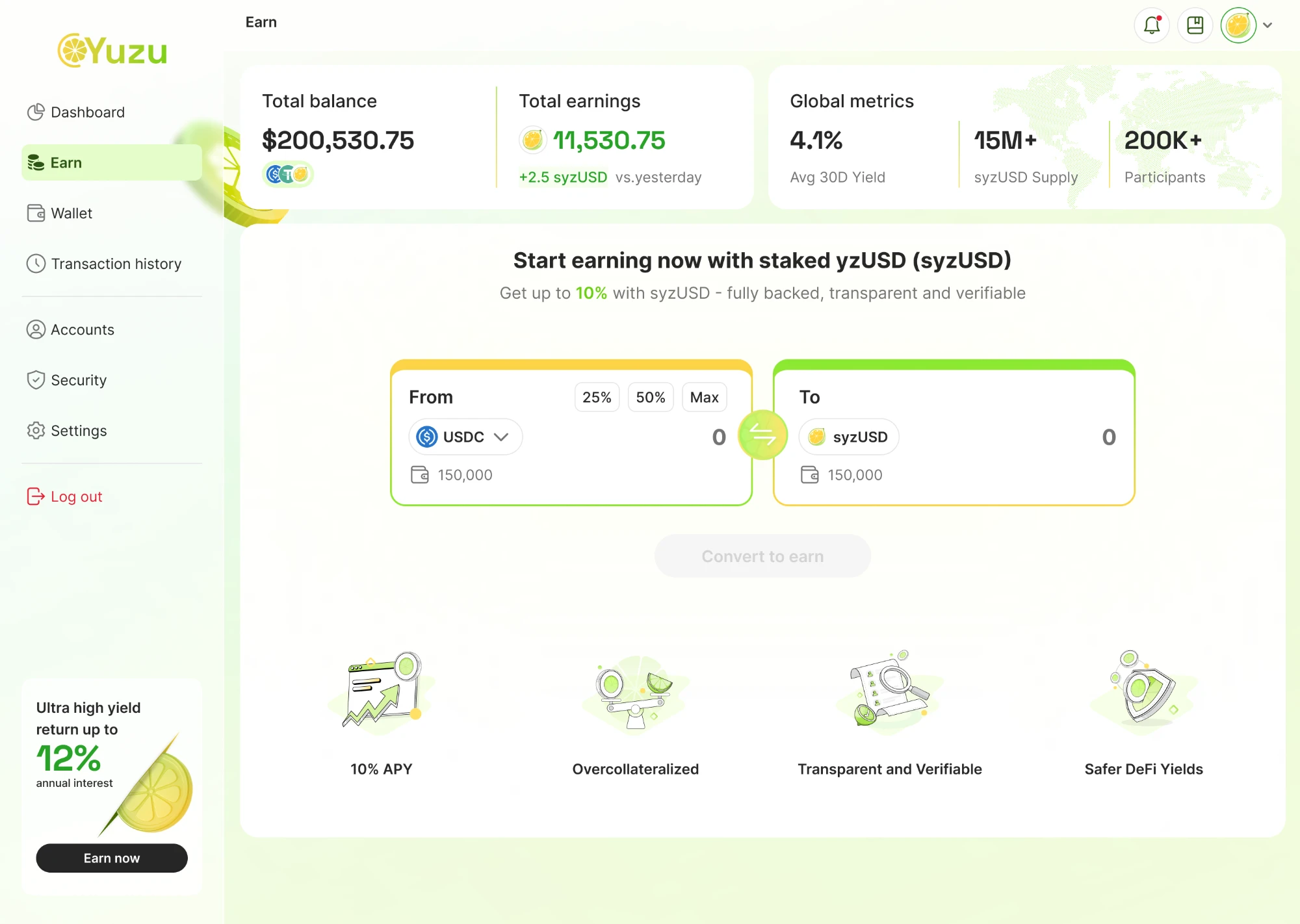 Earn — global metrics beside the USDC to syzUSD conversion panel